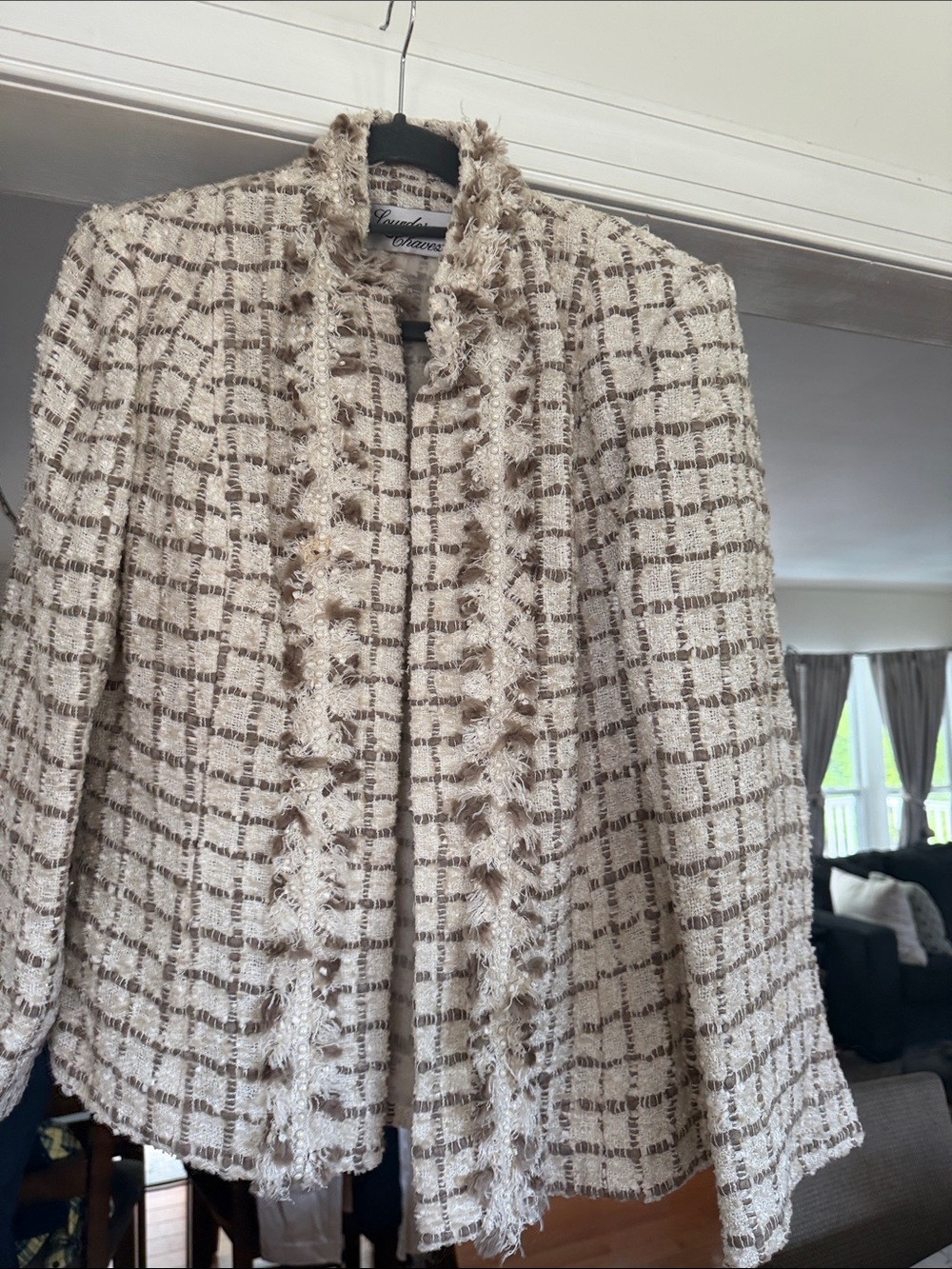 Lourdes Chavez Fringed Check Tweed Jacket in Cream and Brown